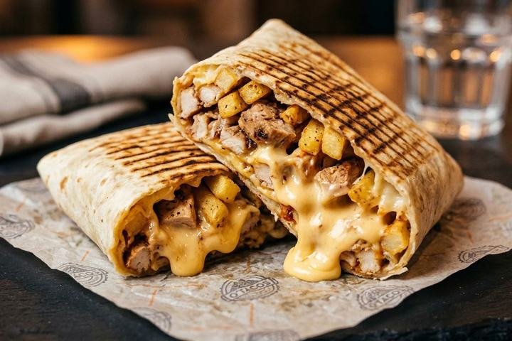 Tacos coupé en deux, viande, frites et sauce fromagère